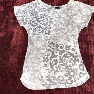 Ladies Sheer Gray pattern Top White Background.